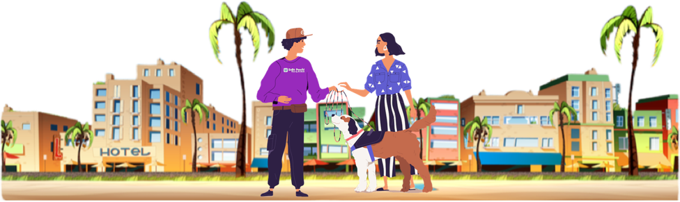 Illustration of SoBe Pooch walkers with dogs along South Beach